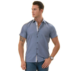 Blue Oxford inside Floral Paisley  Short Sleeve Button up Shirts - Tailored Slim Fit Cotton Dress Shirts
