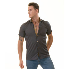 Navy Mustard Designer Paisley  Short Sleeve Button up Shirts - Tailored Slim Fit Cotton Dress Shirts