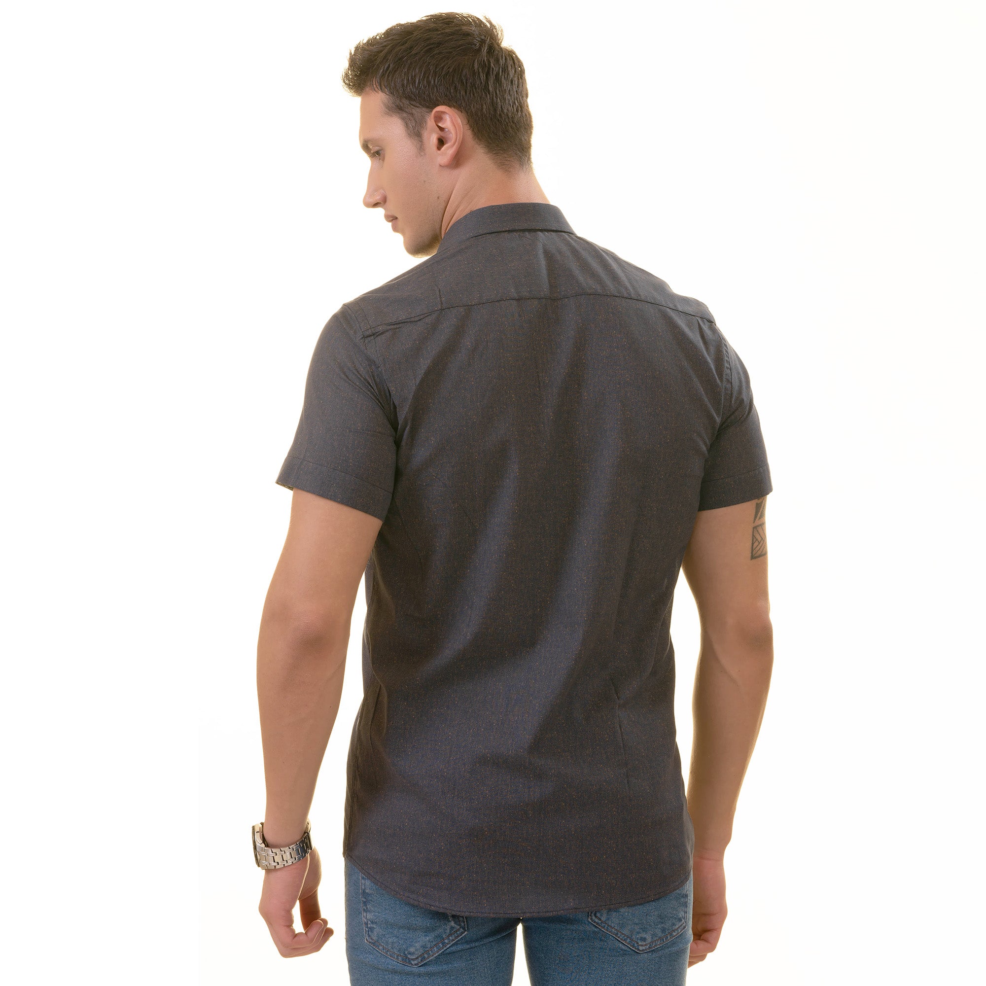 Navy Mustard Designer Paisley  Short Sleeve Button up Shirts - Tailored Slim Fit Cotton Dress Shirts