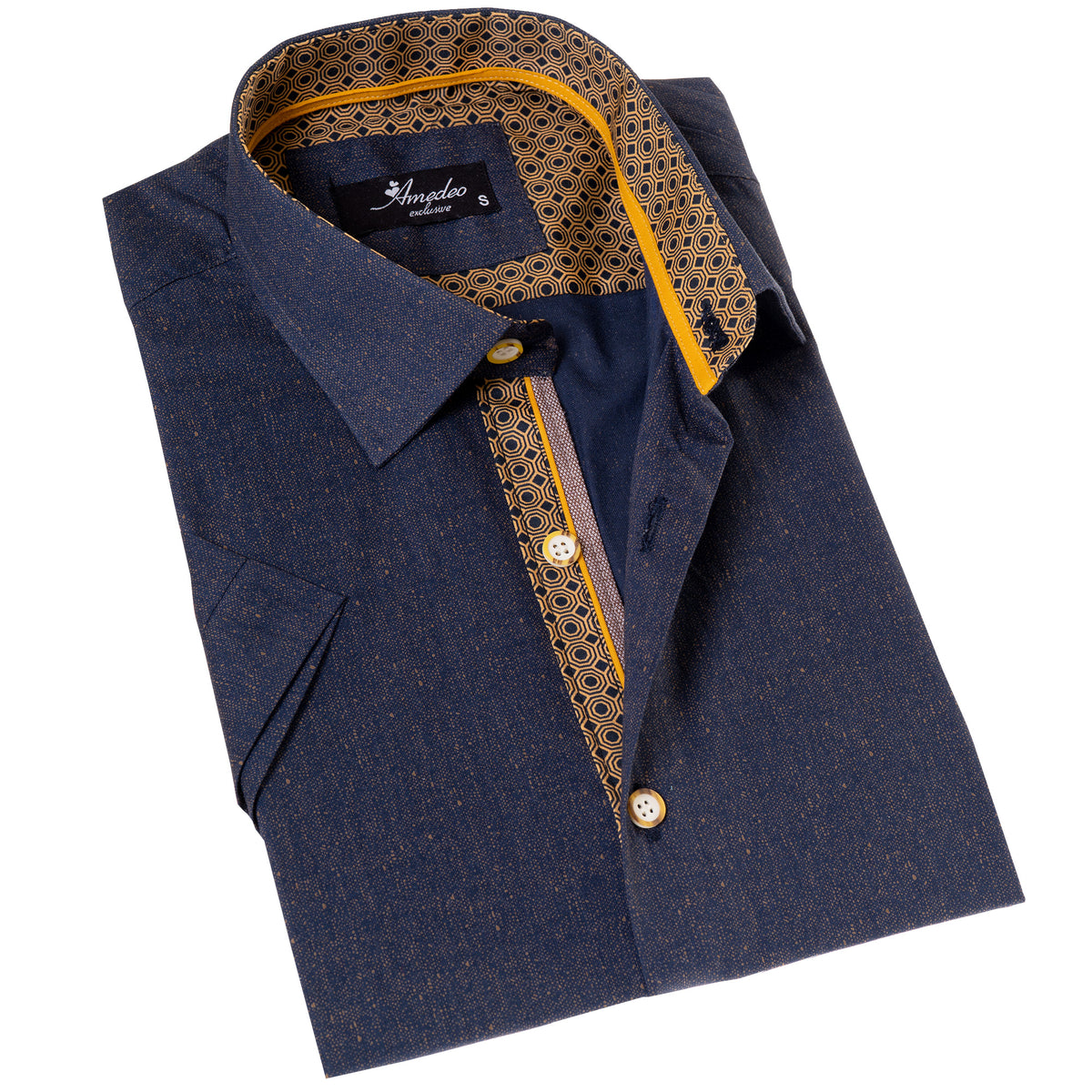 Navy Mustard Designer Paisley  Short Sleeve Button up Shirts - Tailored Slim Fit Cotton Dress Shirts