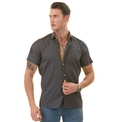 Navy Mustard Designer Paisley  Short Sleeve Button up Shirts - Tailored Slim Fit Cotton Dress Shirts