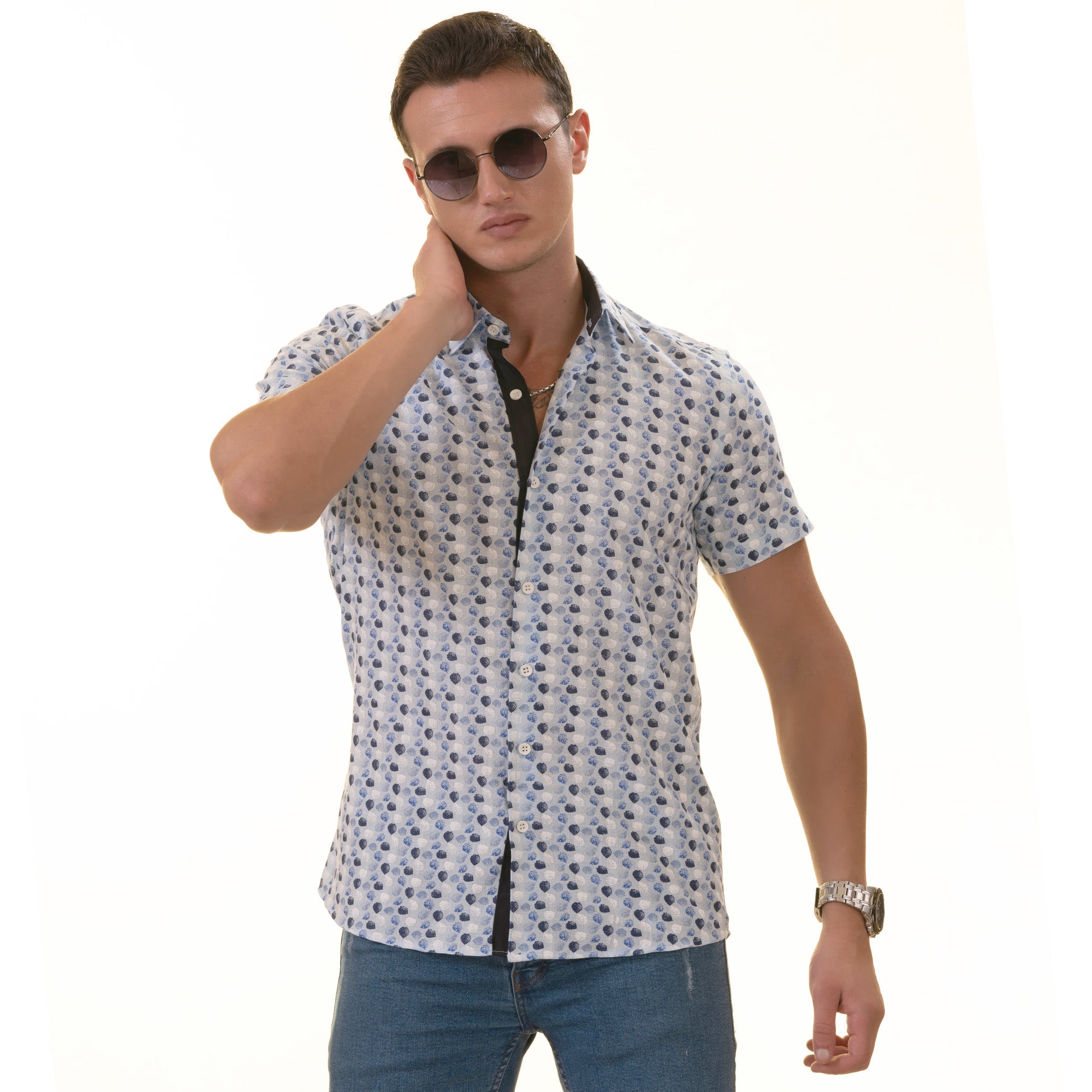 Blue and Navy Leaves Paisley  Short Sleeve Button up Shirts - Tailored Slim Fit Cotton French Cuff Shirts