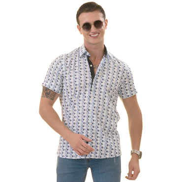 Blue and Navy Leaves Paisley  Short Sleeve Button up Shirts - Tailored Slim Fit Cotton French Cuff Shirts