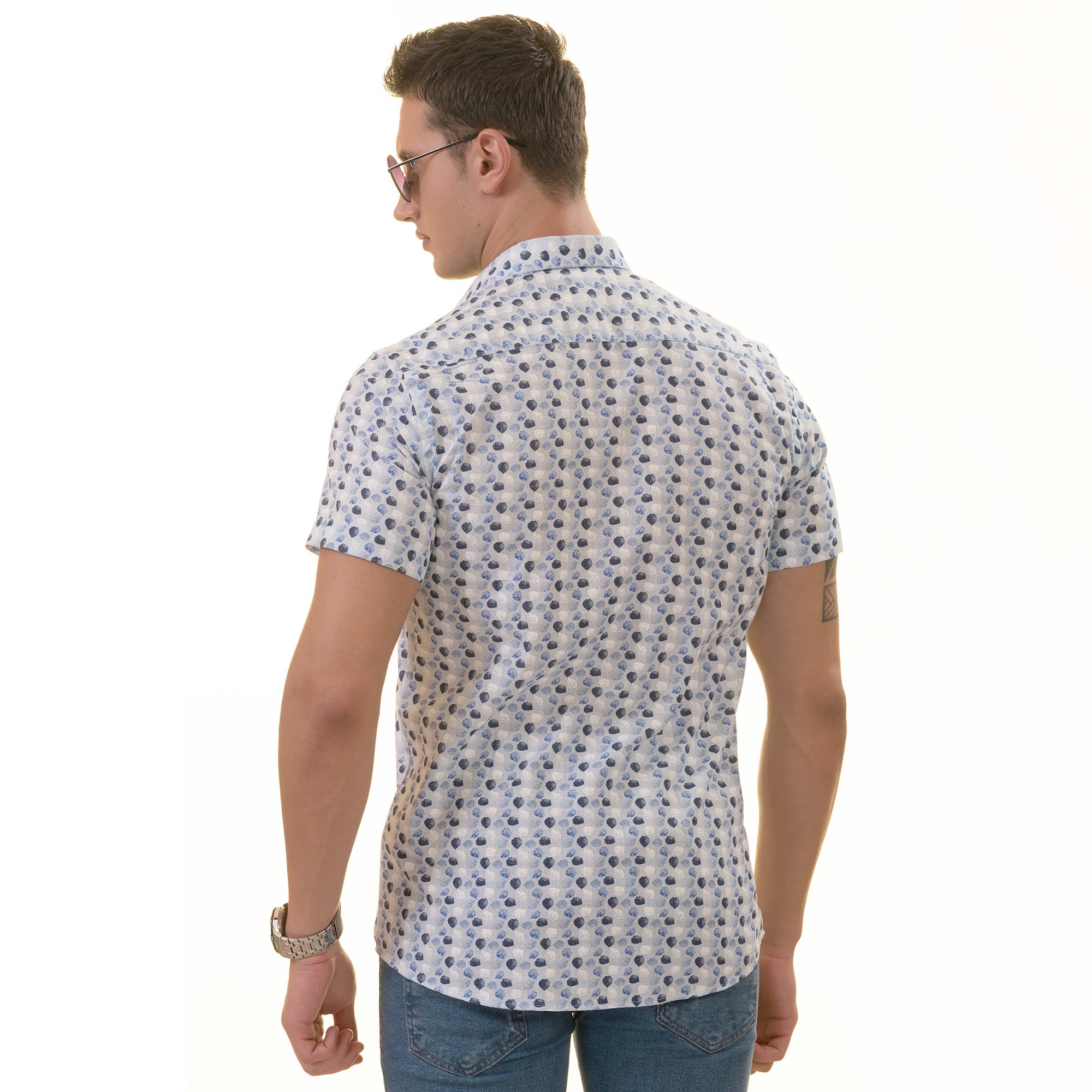 Blue and Navy Leaves Paisley  Short Sleeve Button up Shirts - Tailored Slim Fit Cotton French Cuff Shirts