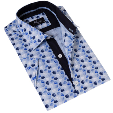 Blue and Navy Leaves Paisley  Short Sleeve Button up Shirts - Tailored Slim Fit Cotton French Cuff Shirts