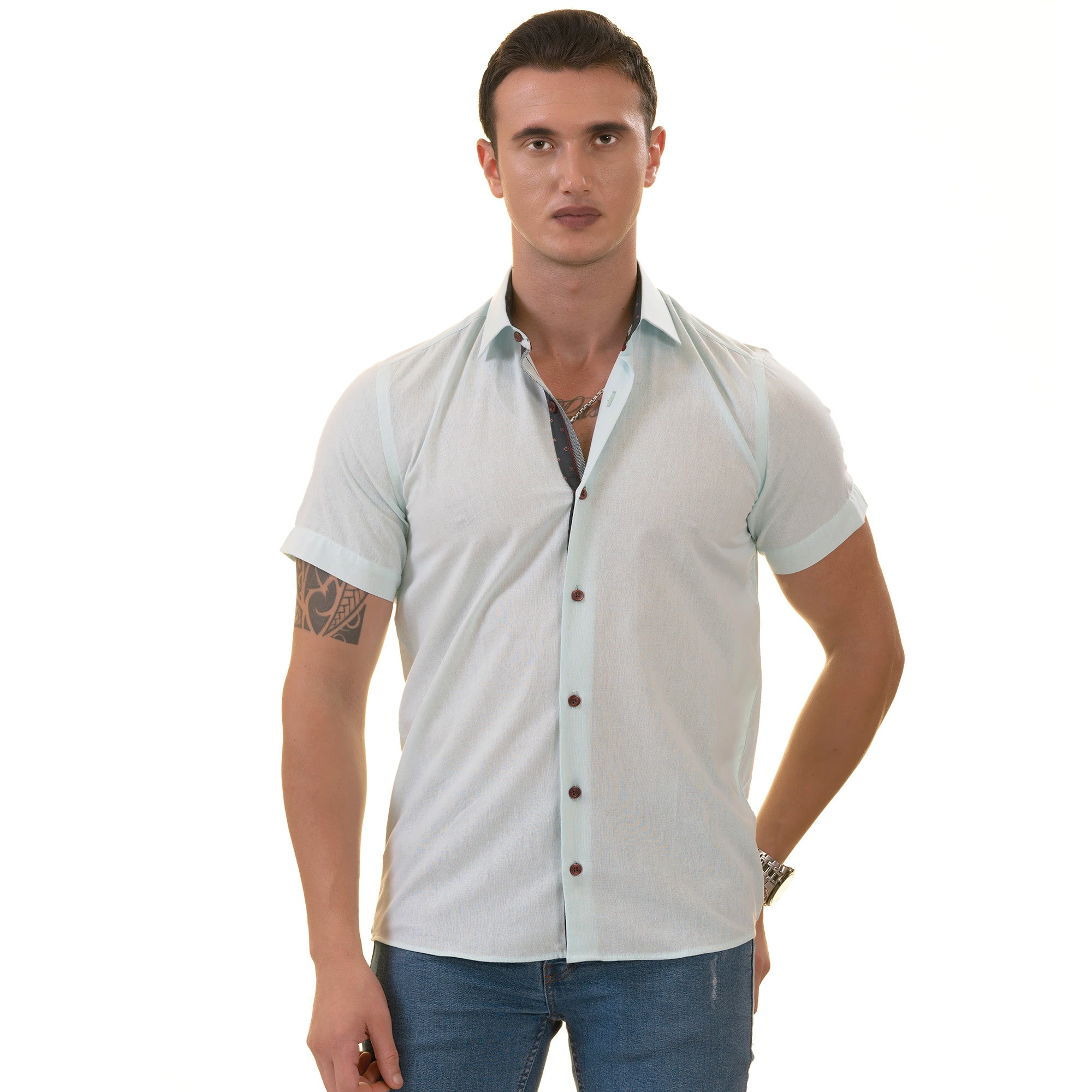 Mint Green Shirt  Paisley  Short Sleeve Button up Shirts - Tailored Slim Fit Cotton Dress Shirts
