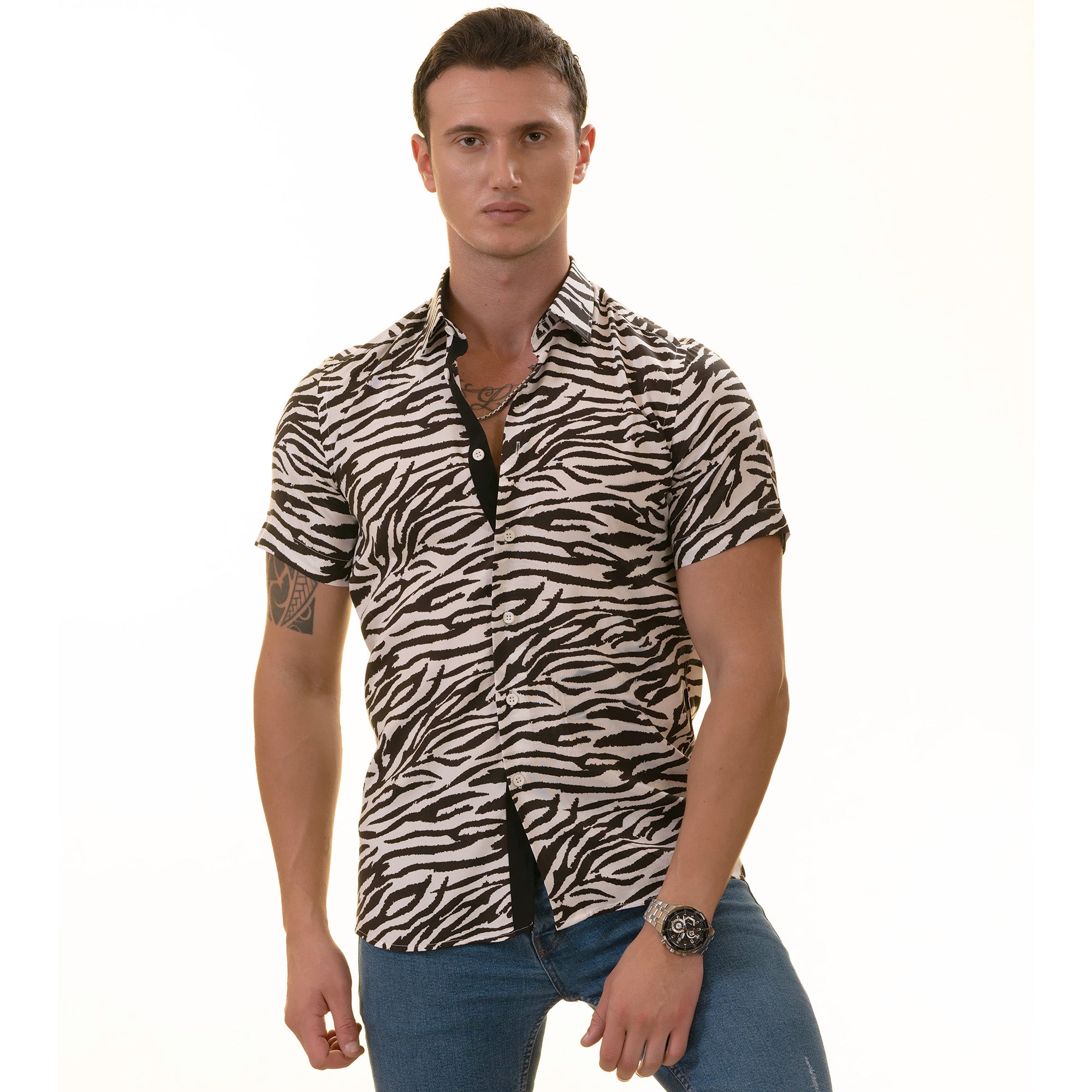 Black & White Zebra Shirt  Designer Paisley  Short Sleeve Button up Shirts - Tailored Slim Fit Cotton Dress Shirts