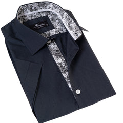 Navy inside Floral Paisley  Short Sleeve Button up Shirts - Tailored Slim Fit Cotton Dress Shirts