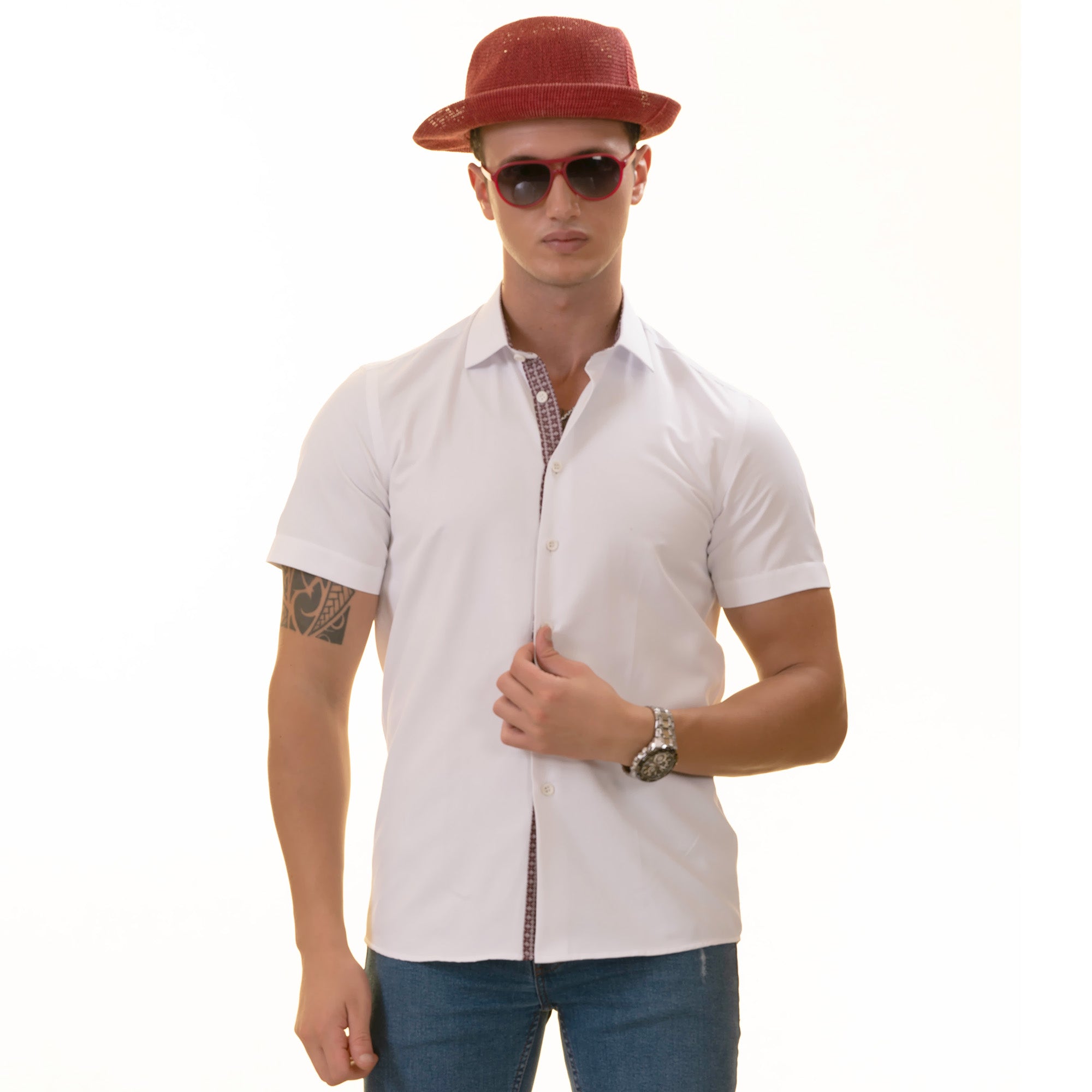 White inside Burgdany Paisley Short Sleeve Button up Shirts - Tailored Slim Fit Cotton Dress Shirts