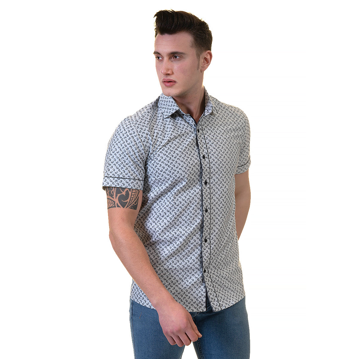 Grey Mens Short Sleeve Button up Shirts - Tailored Slim Fit Cotton Dress Shirts