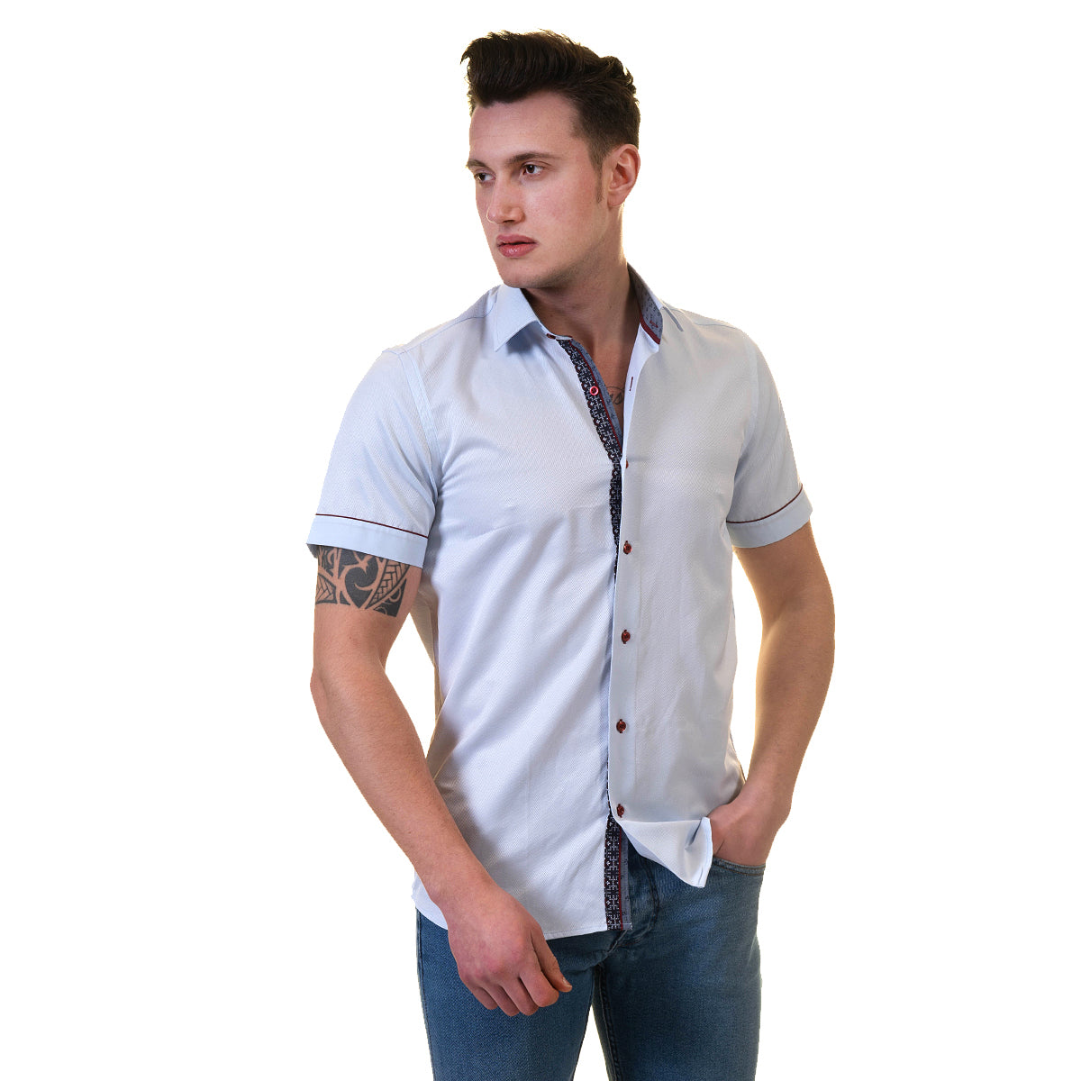 Blue Mens Short Sleeve Button up Shirts - Tailored Slim Fit Cotton Dress Shirts