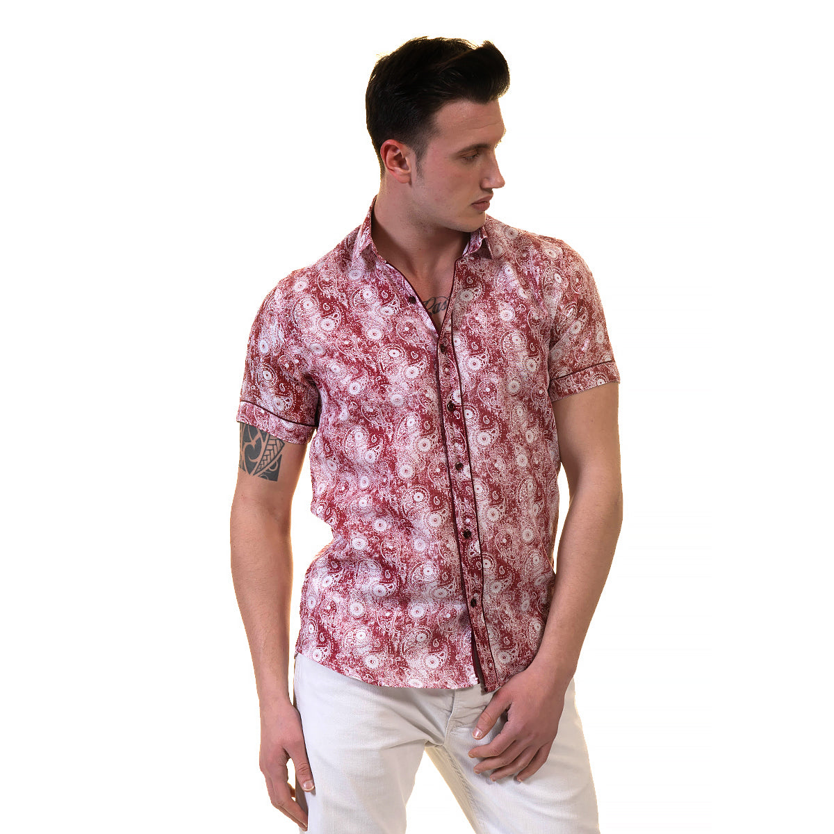 Pink Mens Short Sleeve Button up Shirts - Tailored Slim Fit Cotton Dress Shirts
