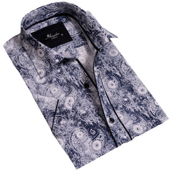 Blue and White Mens Short Sleeve Button up Shirts - Tailored Slim Fit Cotton French Cuff Shirts