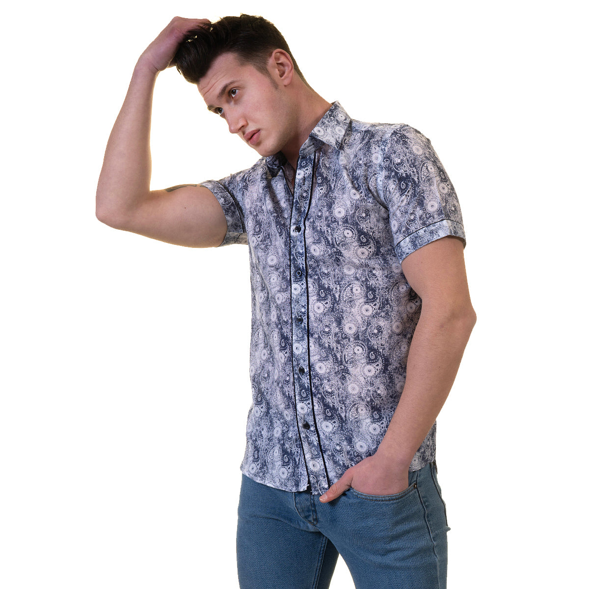 Blue and White Mens Short Sleeve Button up Shirts - Tailored Slim Fit Cotton French Cuff Shirts