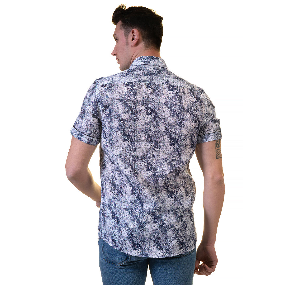 Blue and White Mens Short Sleeve Button up Shirts - Tailored Slim Fit Cotton French Cuff Shirts