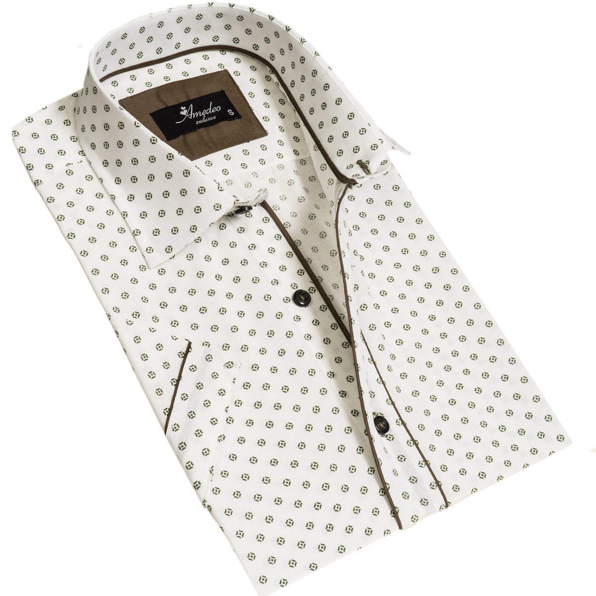 Off White Doted Mens Short Sleeve Button up Shirts - Tailored Slim Fit Cotton Dress Shirts