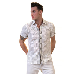 Off White Doted Mens Short Sleeve Button up Shirts - Tailored Slim Fit Cotton Dress Shirts