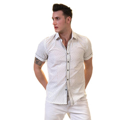 Off White Doted Mens Short Sleeve Button up Shirts - Tailored Slim Fit Cotton Dress Shirts