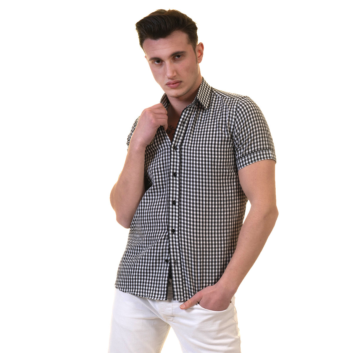 Black and White Mens Short Sleeve Button up Shirts - Tailored Slim Fit Cotton Dress Shirts