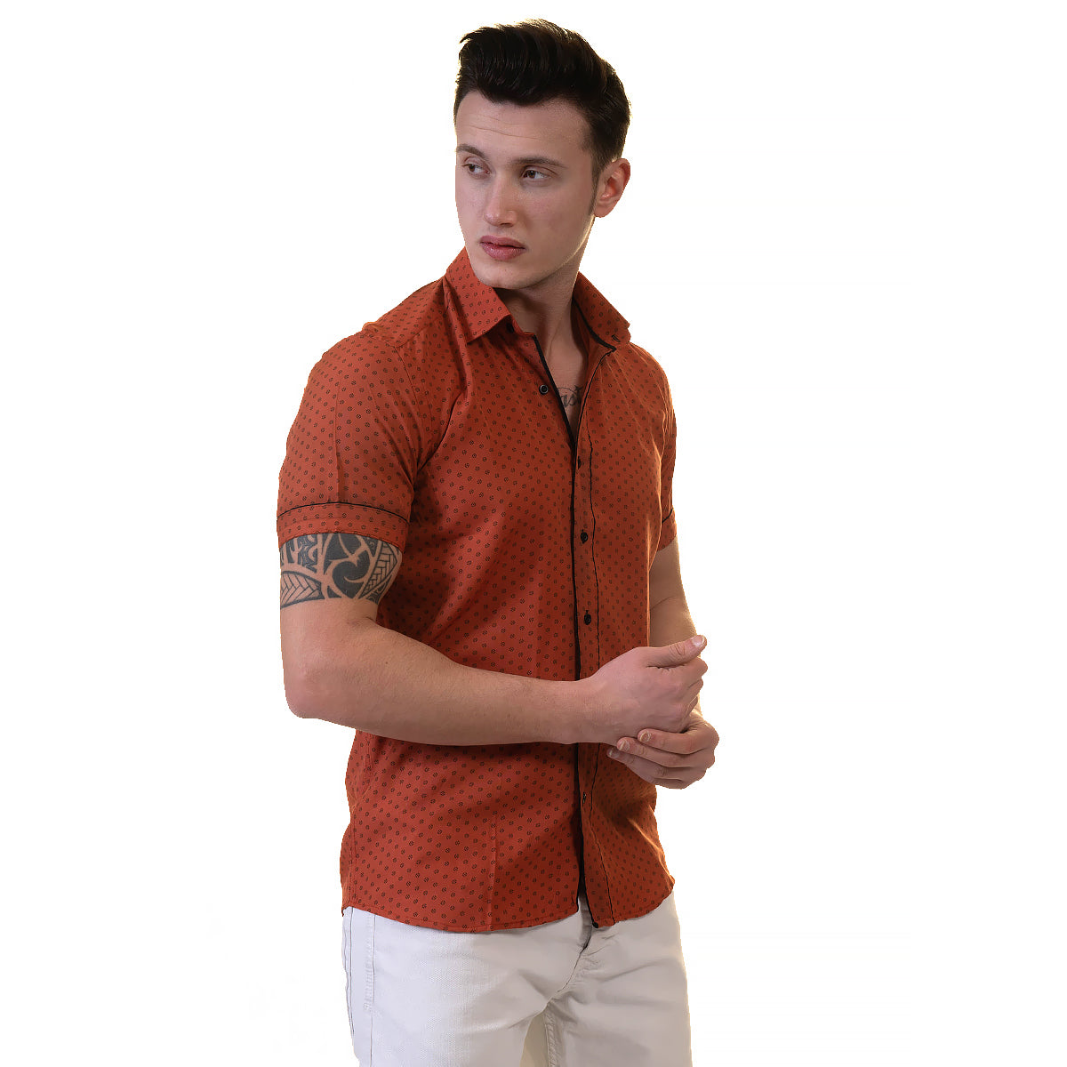 Orange / Reddish Mens Short Sleeve Button up Shirts - Tailored Slim Fit Cotton Dress Shirts