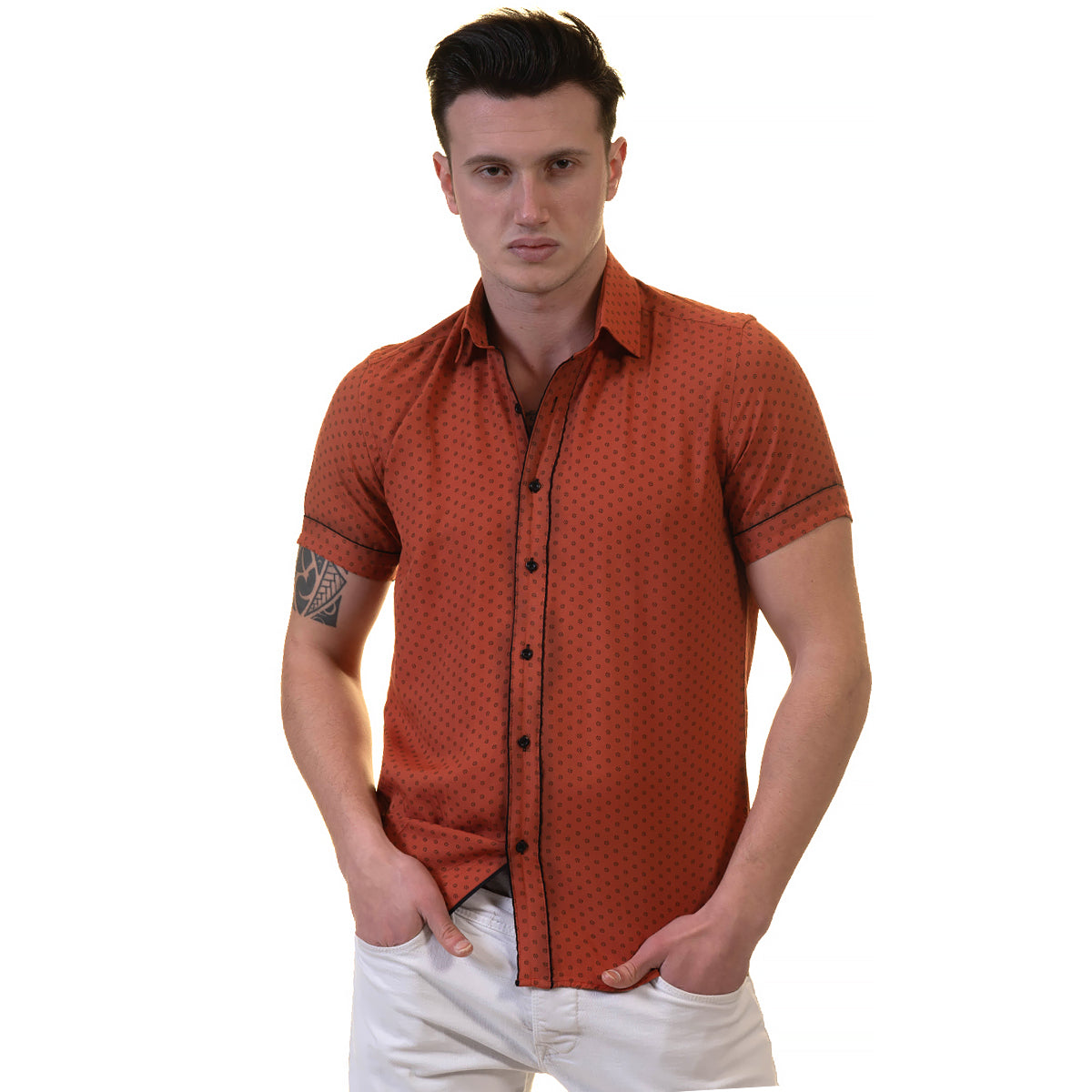 Orange / Reddish Mens Short Sleeve Button up Shirts - Tailored Slim Fit Cotton Dress Shirts