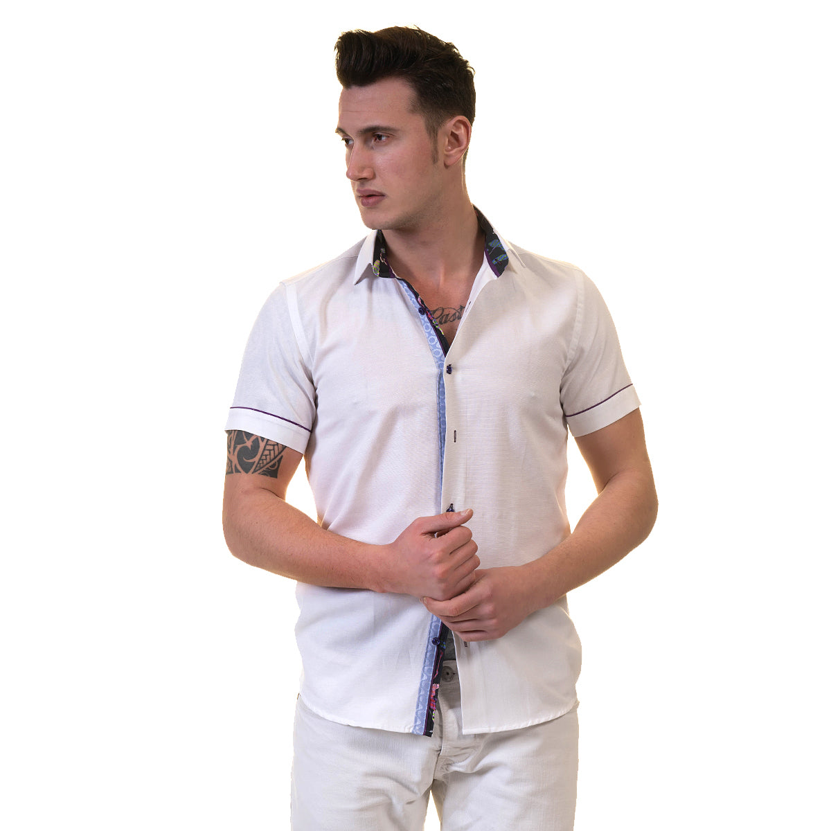 White Mens Short Sleeve Button up Shirts - Tailored Slim Fit Cotton Dress Shirts