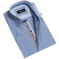 Blue Mens Short Sleeve Button up Shirts - Tailored Slim Fit Cotton French Cuff Shirts