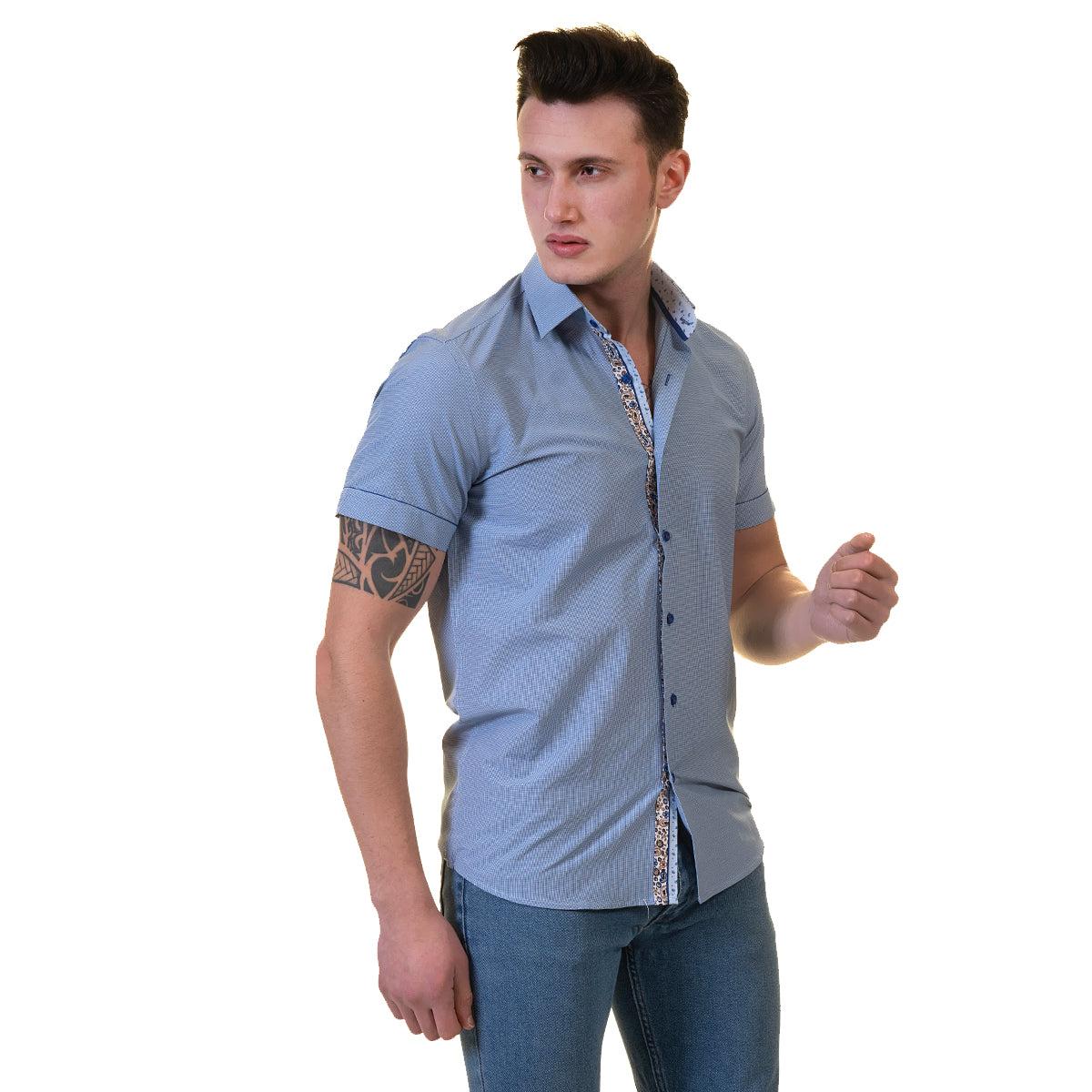 Blue Mens Short Sleeve Button up Shirts - Tailored Slim Fit Cotton French Cuff Shirts