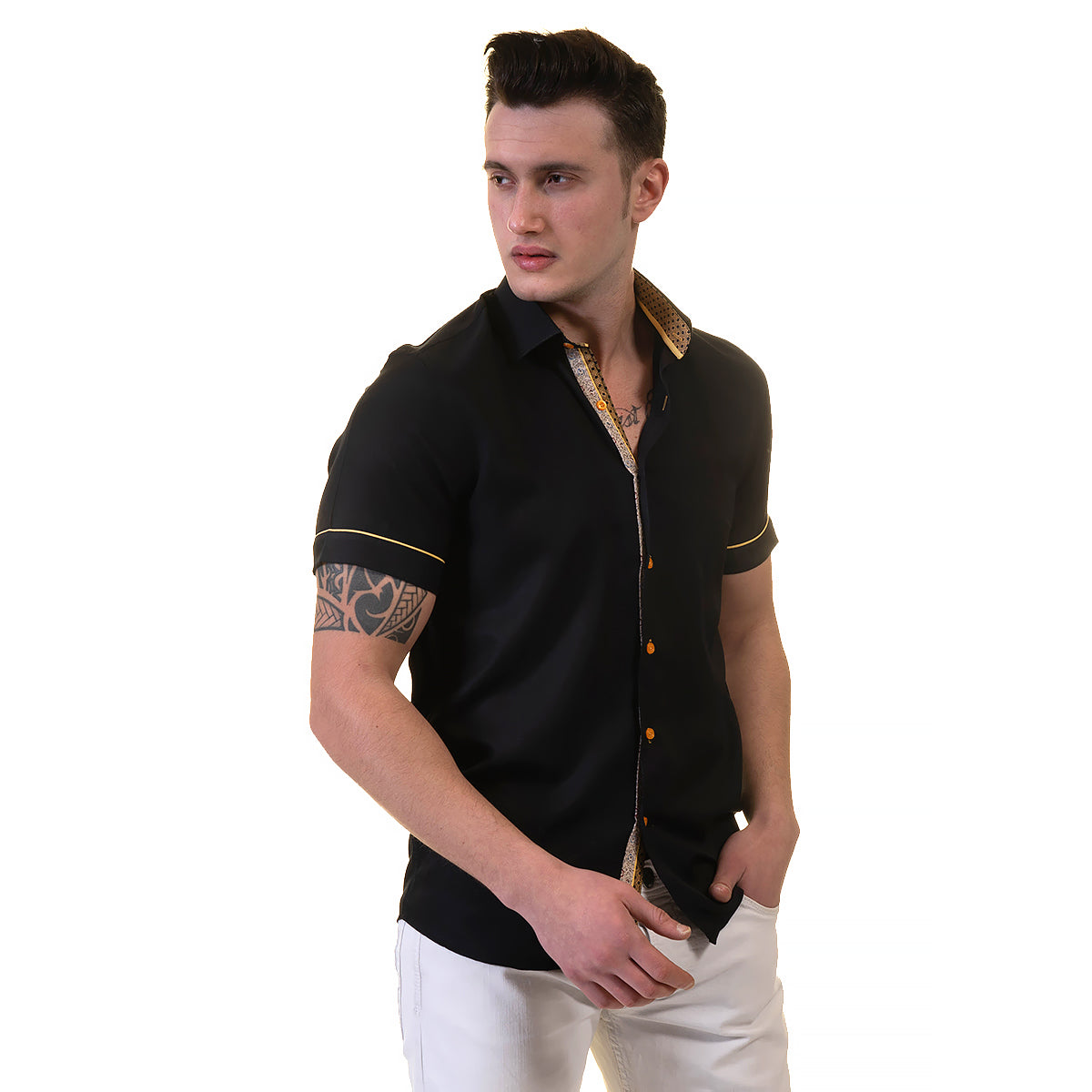 Jet Black Mens Short Sleeve Button up Shirts - Tailored Slim Fit Cotton Dress Shirts
