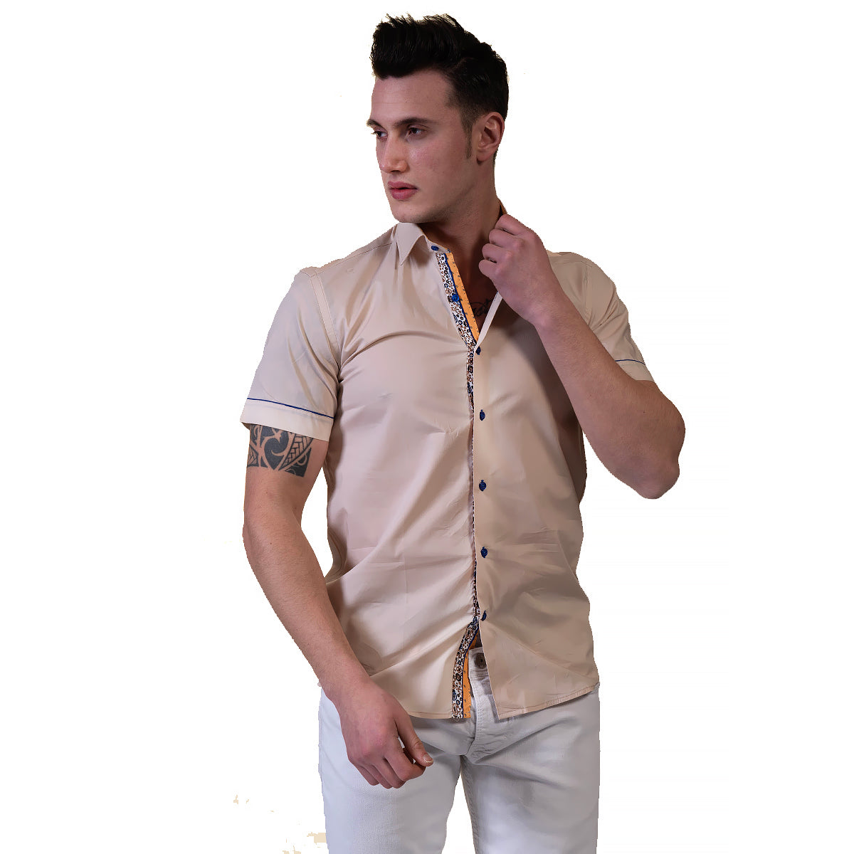 Beige Mens Short Sleeve Button up Shirts - Tailored Slim Fit Cotton Dress Shirts