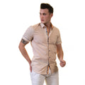 Beige Mens Short Sleeve Button up Shirts - Tailored Slim Fit Cotton Dress Shirts