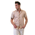 Beige Mens Short Sleeve Button up Shirts - Tailored Slim Fit Cotton Dress Shirts