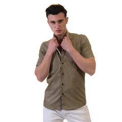 Green Mens Short Sleeve Button up Shirts - Tailored Slim Fit Cotton Dress Shirts