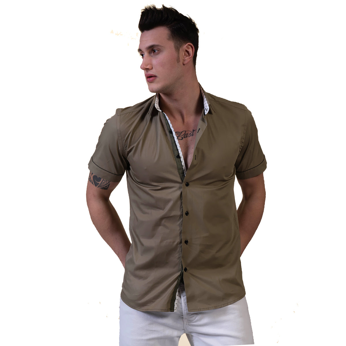 Green Mens Short Sleeve Button up Shirts - Tailored Slim Fit Cotton Dress Shirts