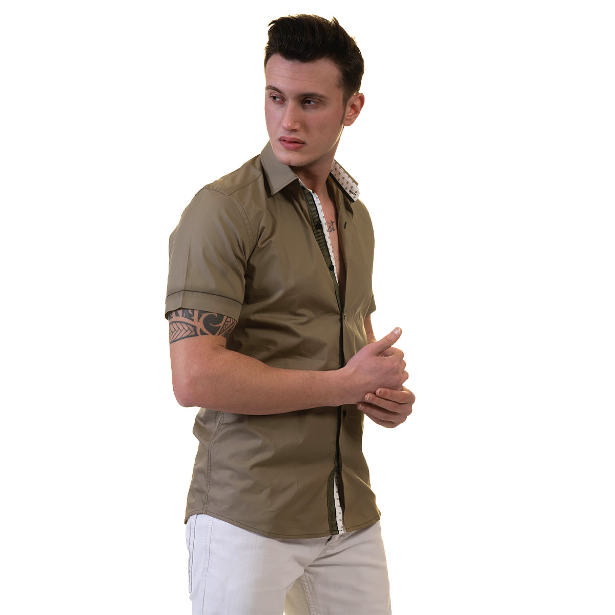 Green Mens Short Sleeve Button up Shirts - Tailored Slim Fit Cotton Dress Shirts