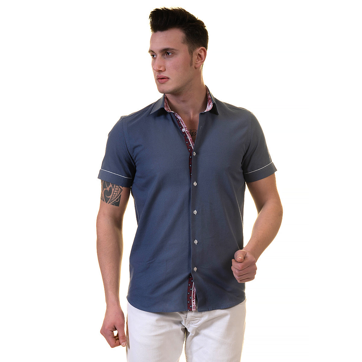 Dark Blue Mens Short Sleeve Button up Shirts - Tailored Slim Fit Cotton Dress Shirts