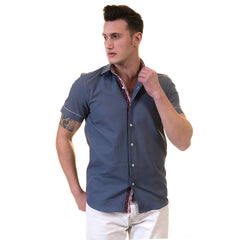 Dark Blue Mens Short Sleeve Button up Shirts - Tailored Slim Fit Cotton Dress Shirts