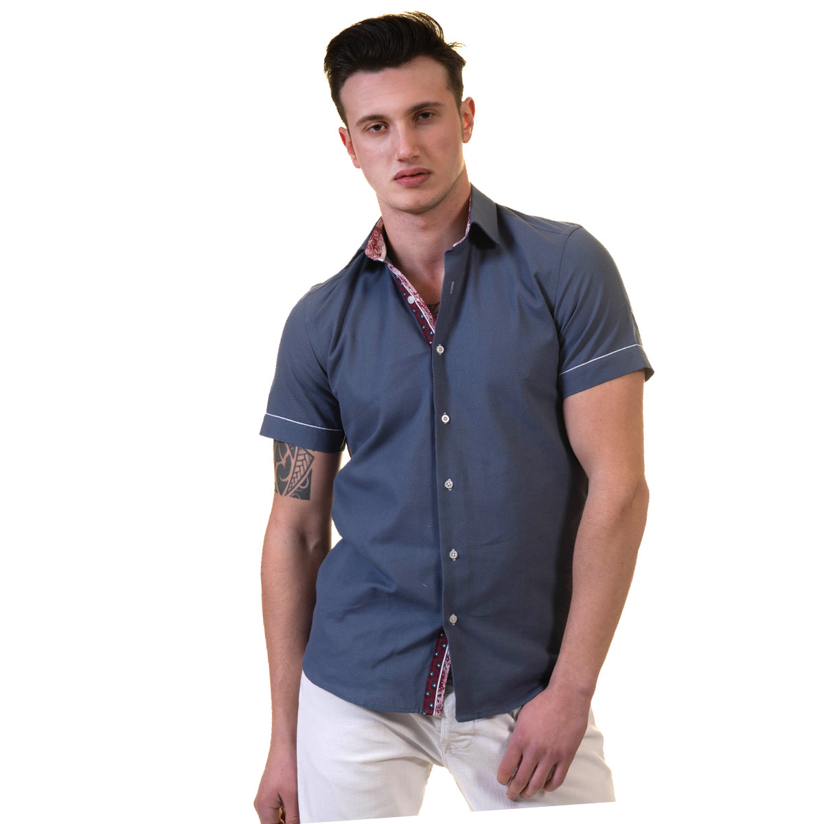 Dark Blue Mens Short Sleeve Button up Shirts - Tailored Slim Fit Cotton Dress Shirts