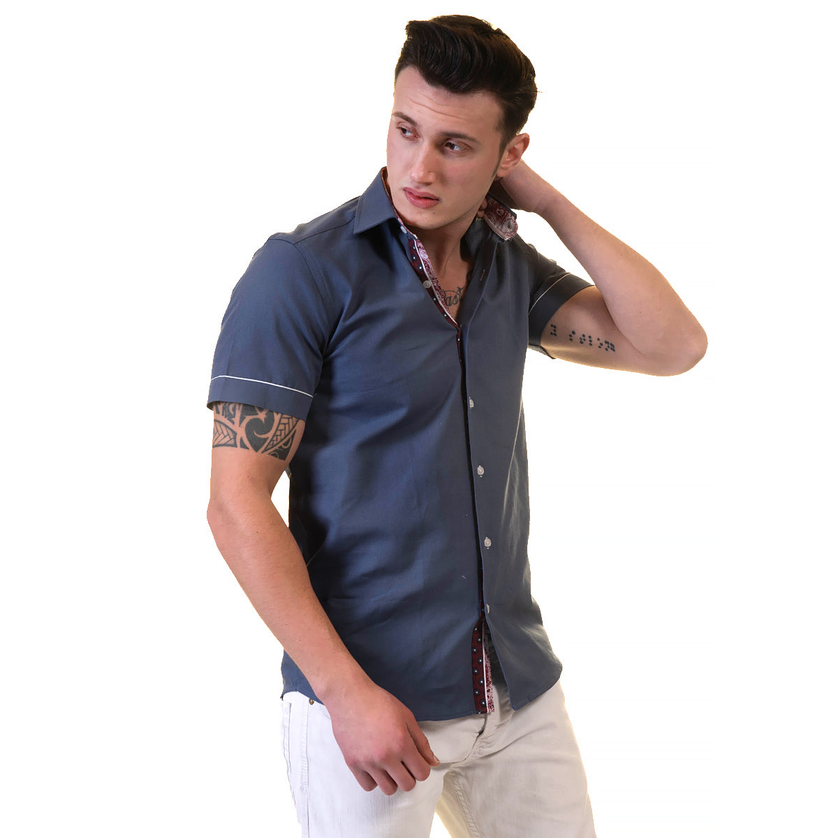 Dark Blue Mens Short Sleeve Button up Shirts - Tailored Slim Fit Cotton Dress Shirts