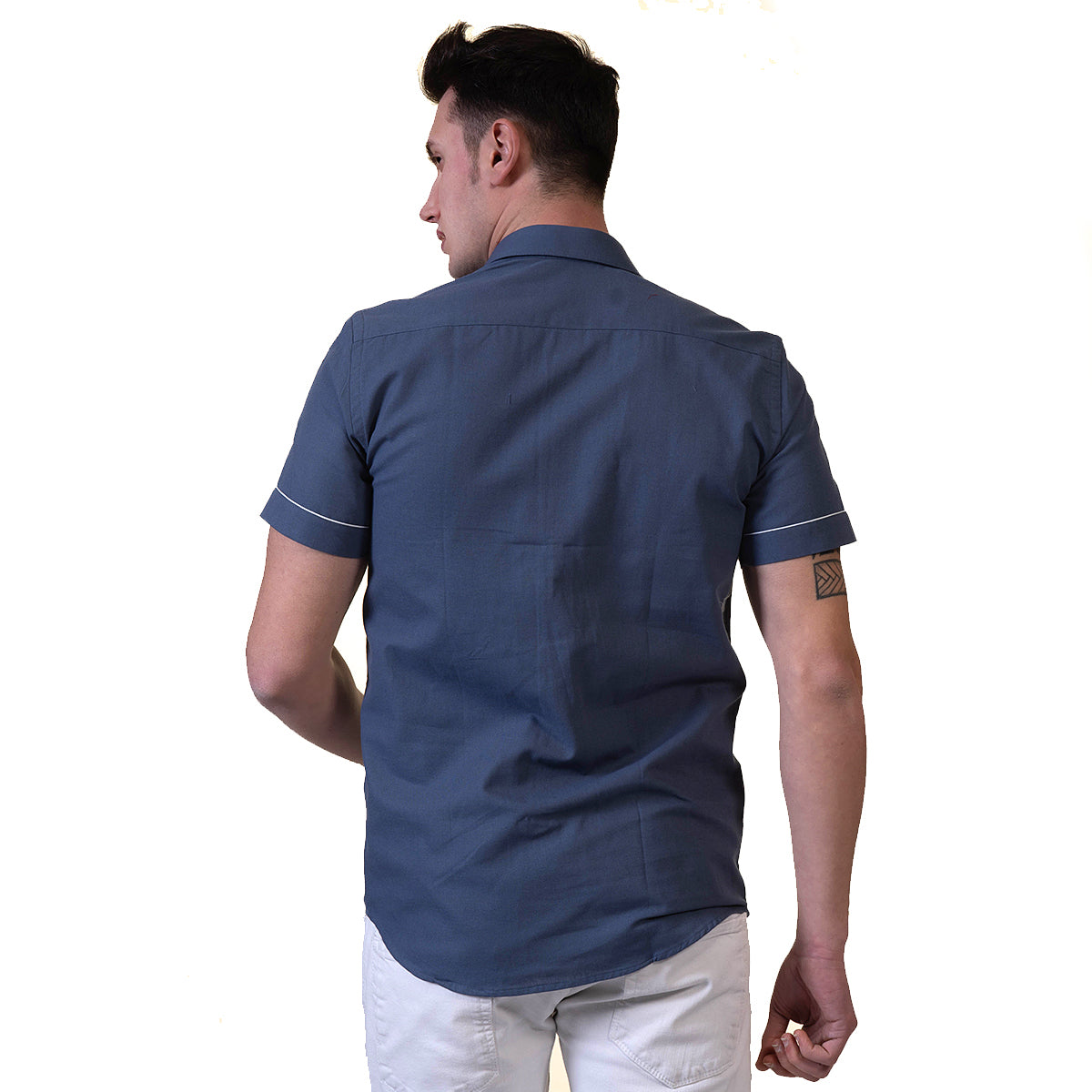 Dark Blue Mens Short Sleeve Button up Shirts - Tailored Slim Fit Cotton Dress Shirts