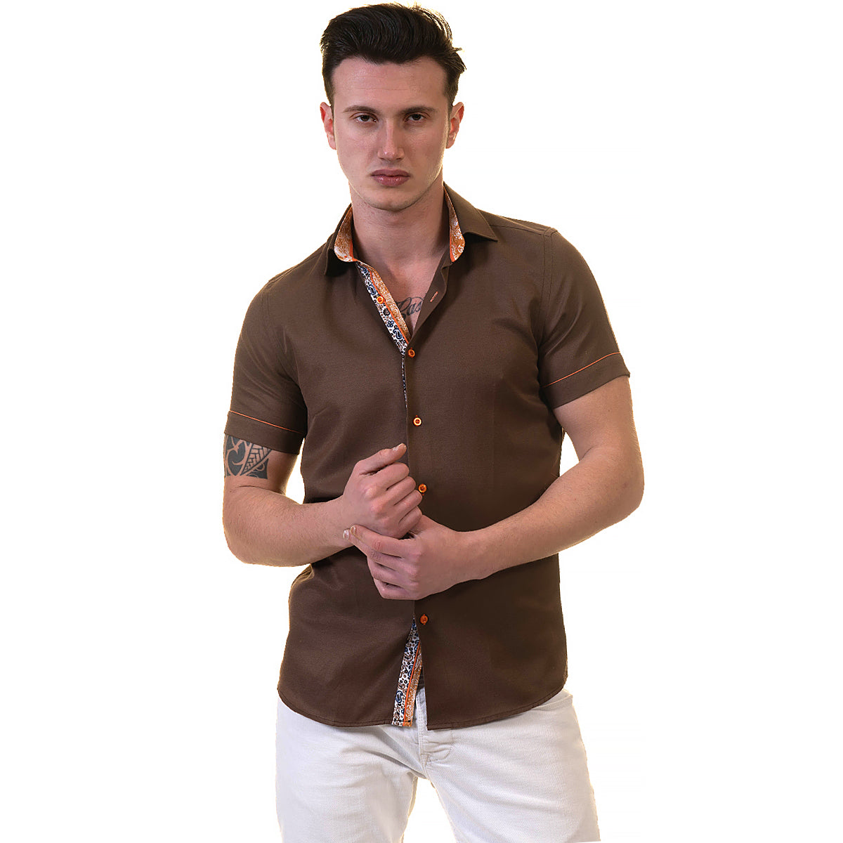 Mens Brown Short Sleeve Button up Shirts - Tailored Slim Fit Cotton Dress Shirts
