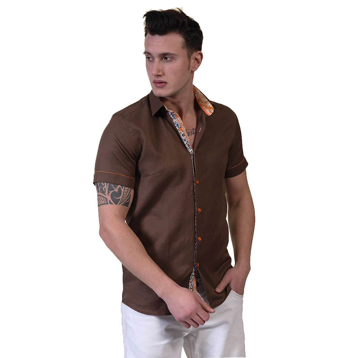 Mens Brown Short Sleeve Button up Shirts - Tailored Slim Fit Cotton Dress Shirts