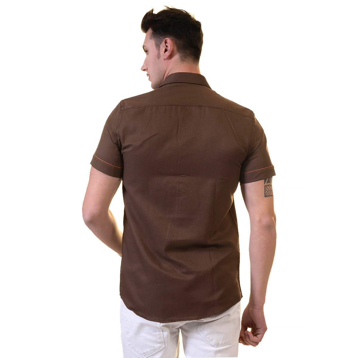 Mens Brown Short Sleeve Button up Shirts - Tailored Slim Fit Cotton Dress Shirts