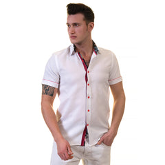 White and Red Mens Short Sleeve Button up Shirts - Tailored Slim Fit Cotton Dress Shirts