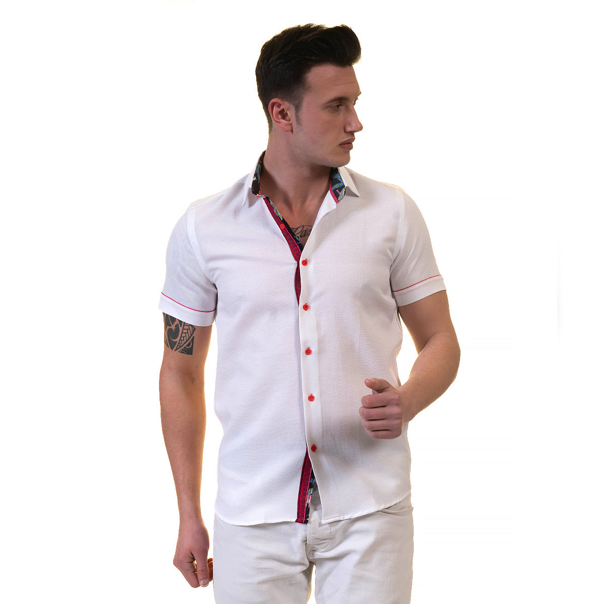 White and Red Mens Short Sleeve Button up Shirts - Tailored Slim Fit Cotton Dress Shirts