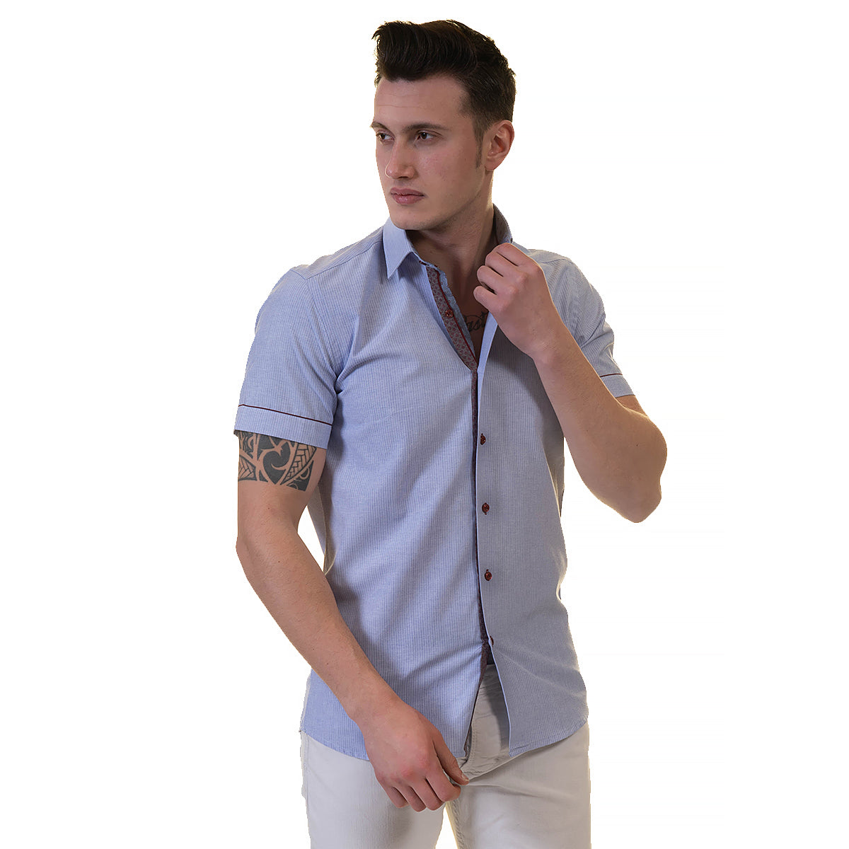 Mens Sky Blue Short Sleeve Button up Shirts - Tailored Slim Fit Cotton Dress Shirts