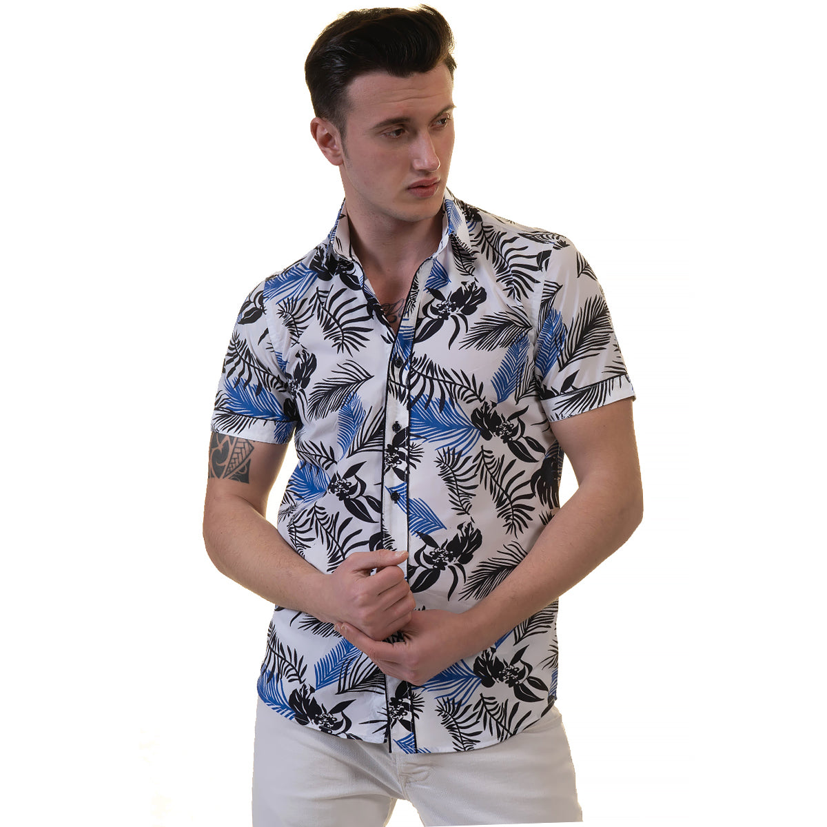 Light Grey Floral Mens Short Sleeve Button up Shirts - Tailored