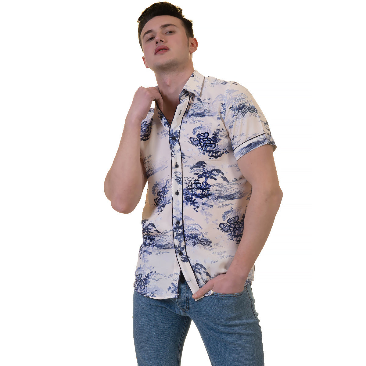 Floral Mens Short Sleeve Button up Shirts - Tailored Slim Fit Cotton Dress Shirts