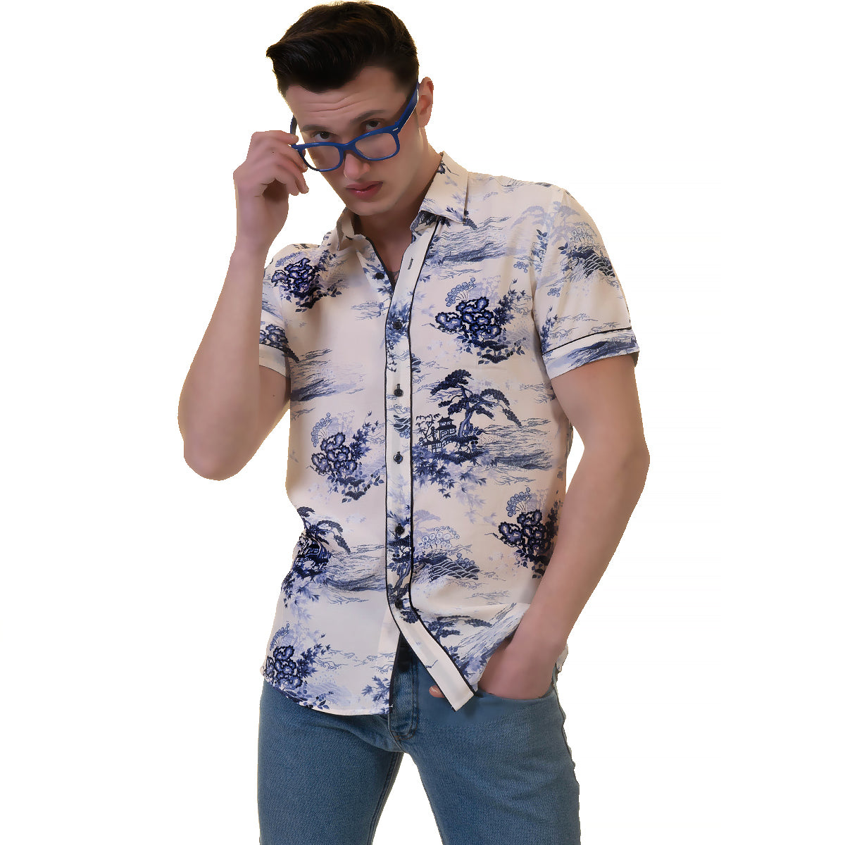 Floral Mens Short Sleeve Button up Shirts - Tailored Slim Fit Cotton Dress Shirts