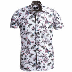 European Tailored Slim Fit Soft Cotton Men's Brown Multicolor Floral Short Sleeve Button Up Shirt - Amedeo Exclusive